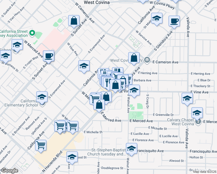 map of restaurants, bars, coffee shops, grocery stores, and more near 933 South Glendora Avenue in West Covina