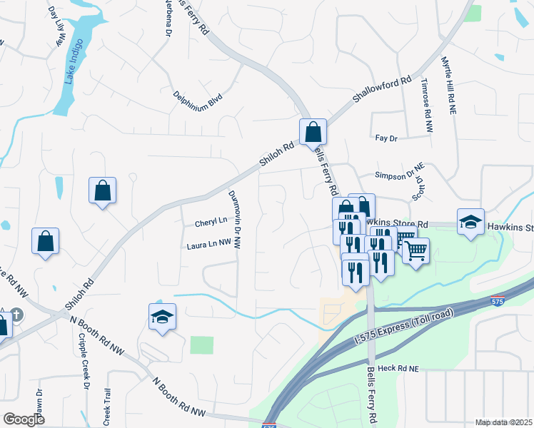 map of restaurants, bars, coffee shops, grocery stores, and more near 4381 Laurian Drive Northwest in Kennesaw