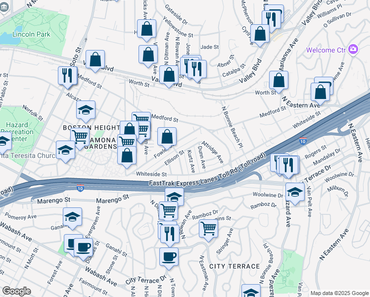 map of restaurants, bars, coffee shops, grocery stores, and more near 3573 Ellison Street in Los Angeles