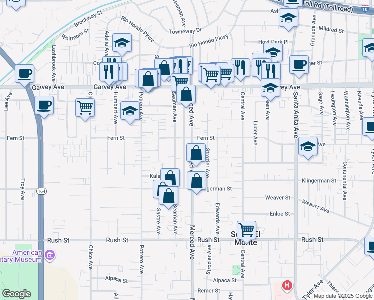 map of restaurants, bars, coffee shops, grocery stores, and more near 2561 Merced Avenue in South El Monte