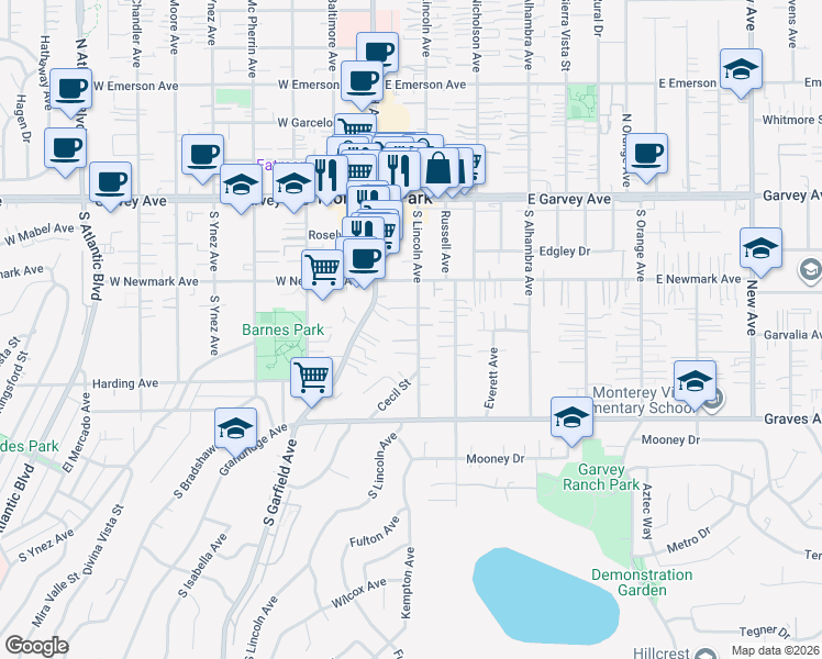 map of restaurants, bars, coffee shops, grocery stores, and more near 351 South Lincoln Avenue in Monterey Park