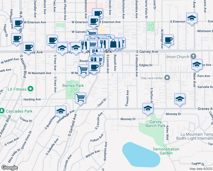 map of restaurants, bars, coffee shops, grocery stores, and more near 316 South Garfield Avenue in Monterey Park