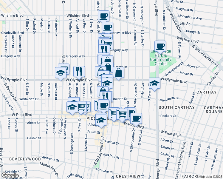 map of restaurants, bars, coffee shops, grocery stores, and more near 1031 South Wooster Street in Los Angeles