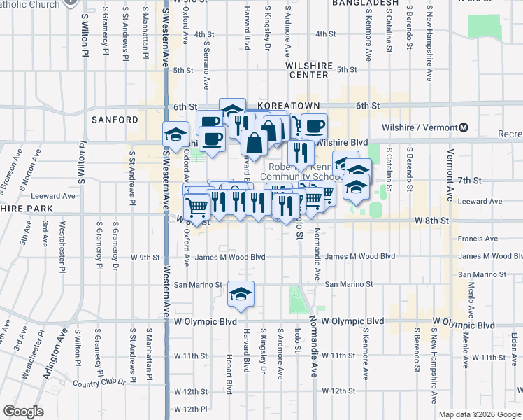 map of restaurants, bars, coffee shops, grocery stores, and more near 737 South Kingsley Drive in Los Angeles