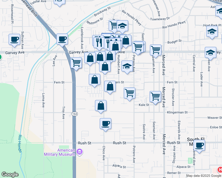 map of restaurants, bars, coffee shops, grocery stores, and more near 9630 Fern Street in South El Monte
