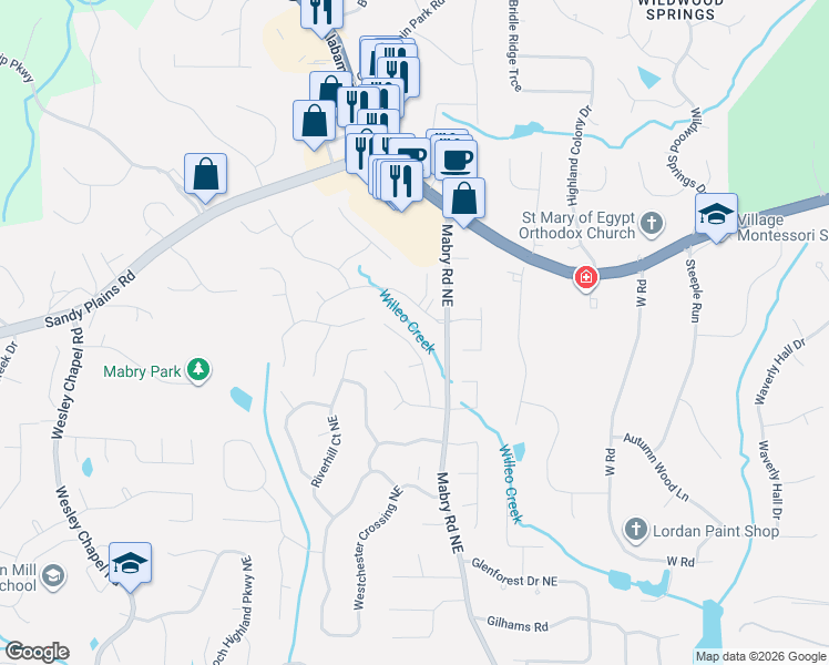 map of restaurants, bars, coffee shops, grocery stores, and more near 4456 Derwent Drive in Roswell