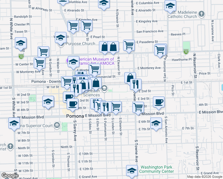 map of restaurants, bars, coffee shops, grocery stores, and more near 777 East Pomona Mall Street in Pomona