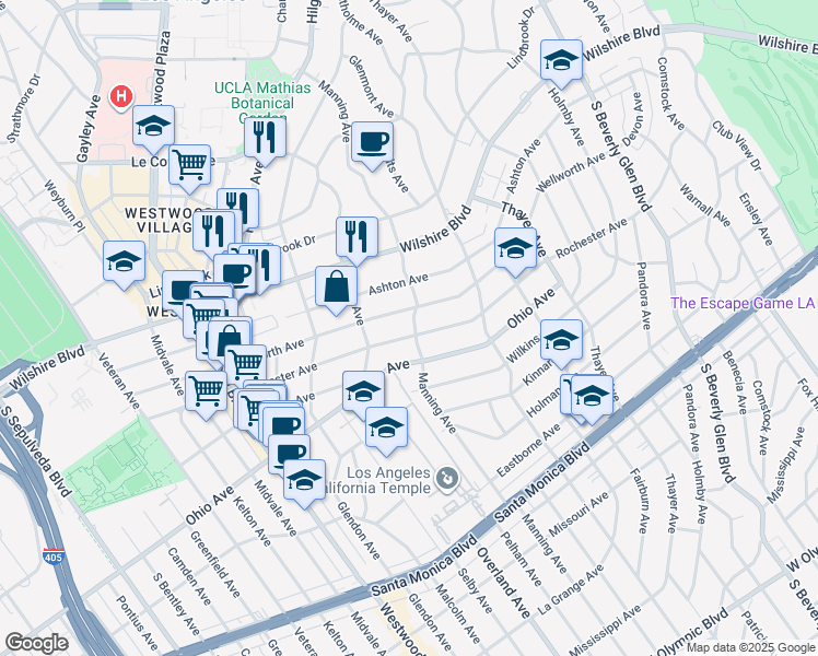 map of restaurants, bars, coffee shops, grocery stores, and more near 10703 Rochester Avenue in Los Angeles