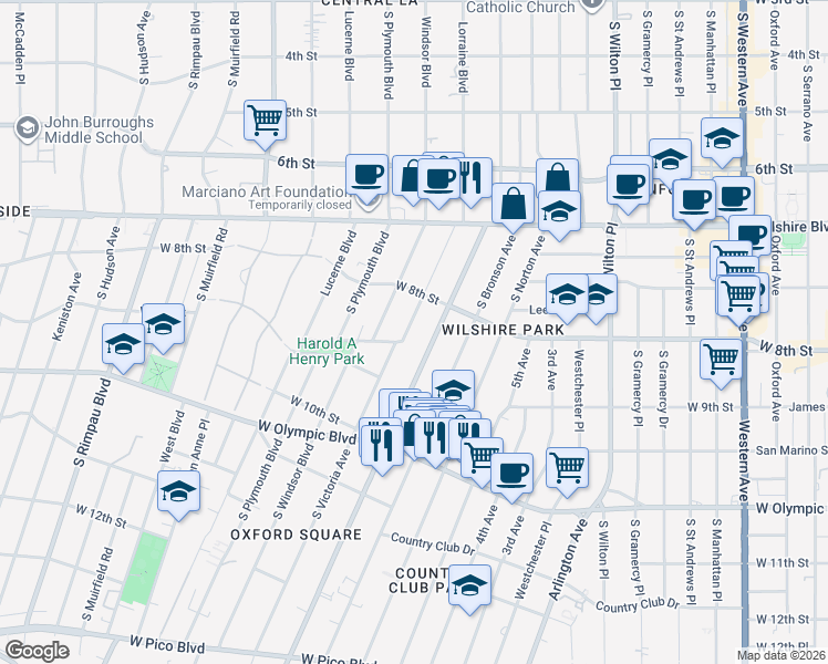 map of restaurants, bars, coffee shops, grocery stores, and more near 838 Lorraine Boulevard in Los Angeles