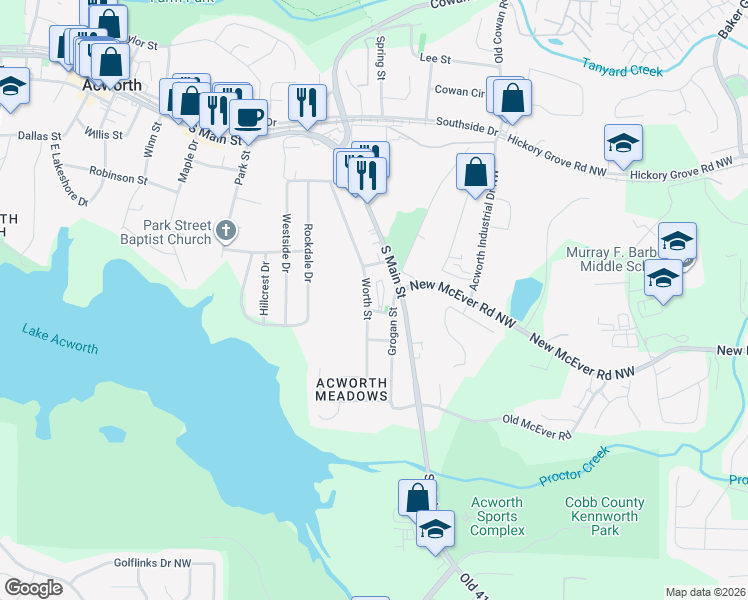 map of restaurants, bars, coffee shops, grocery stores, and more near 4289 Worth Street in Acworth