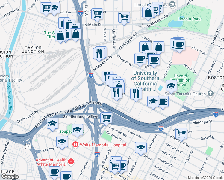 map of restaurants, bars, coffee shops, grocery stores, and more near 1800 Marengo Street in Los Angeles