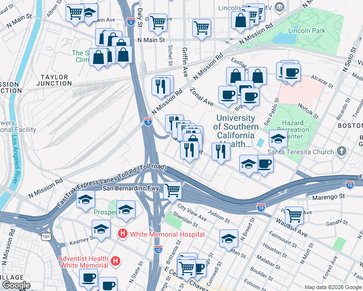 map of restaurants, bars, coffee shops, grocery stores, and more near 1800 Marengo Street in Los Angeles