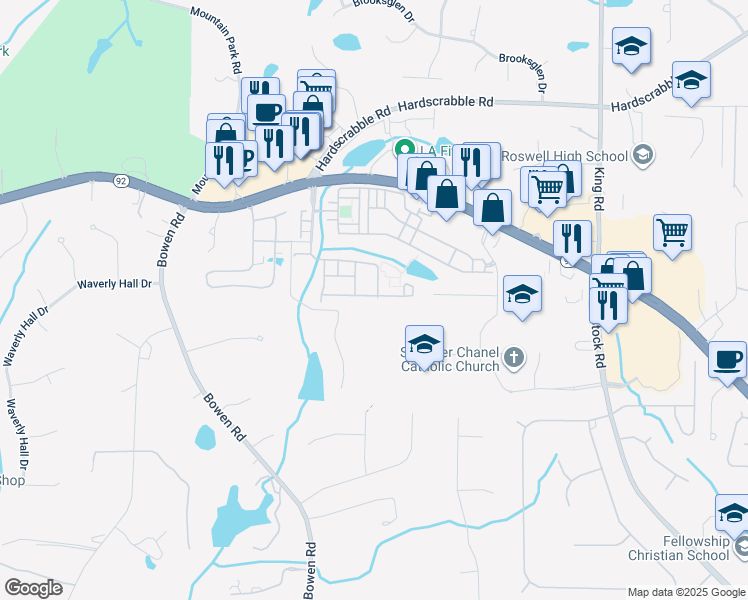 map of restaurants, bars, coffee shops, grocery stores, and more near 4201 Village Green Drive in Roswell