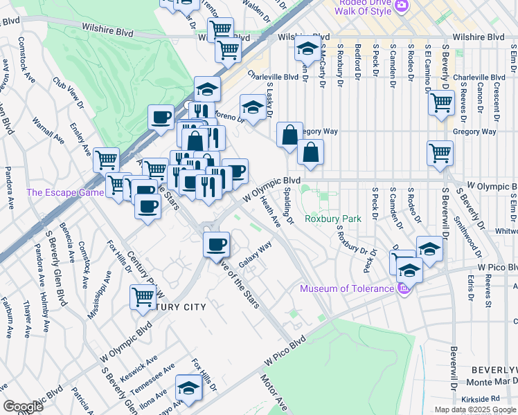 map of restaurants, bars, coffee shops, grocery stores, and more near 2160 Century Park East in Los Angeles