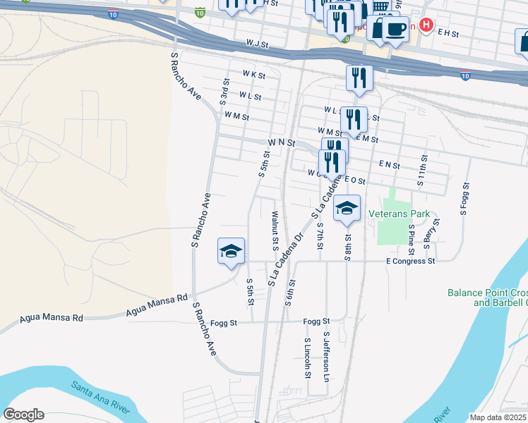 map of restaurants, bars, coffee shops, grocery stores, and more near 644 South Laurel Lane in Colton