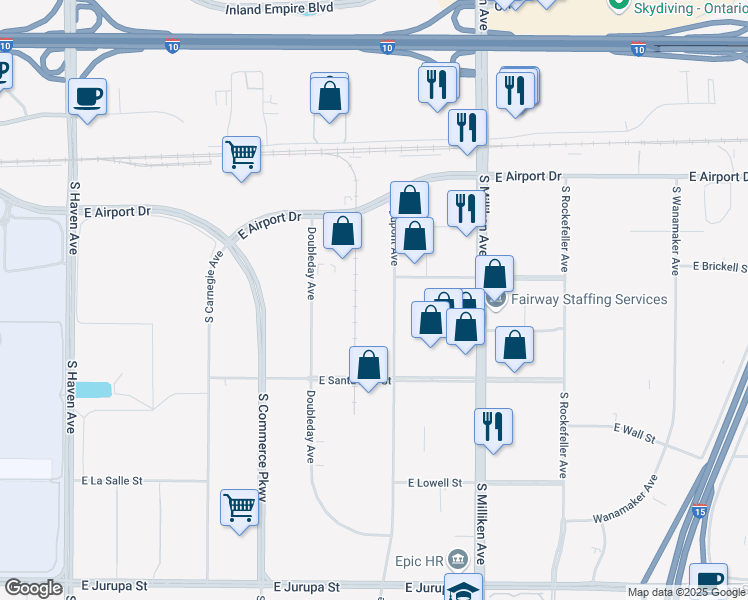 map of restaurants, bars, coffee shops, grocery stores, and more near 501-899 S Dupont Ave in Ontario