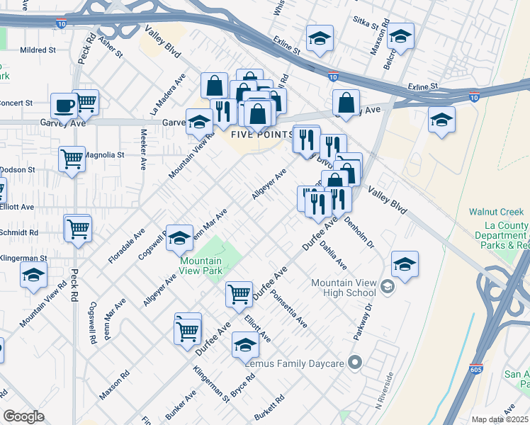 map of restaurants, bars, coffee shops, grocery stores, and more near 2849 Maxson Road in El Monte