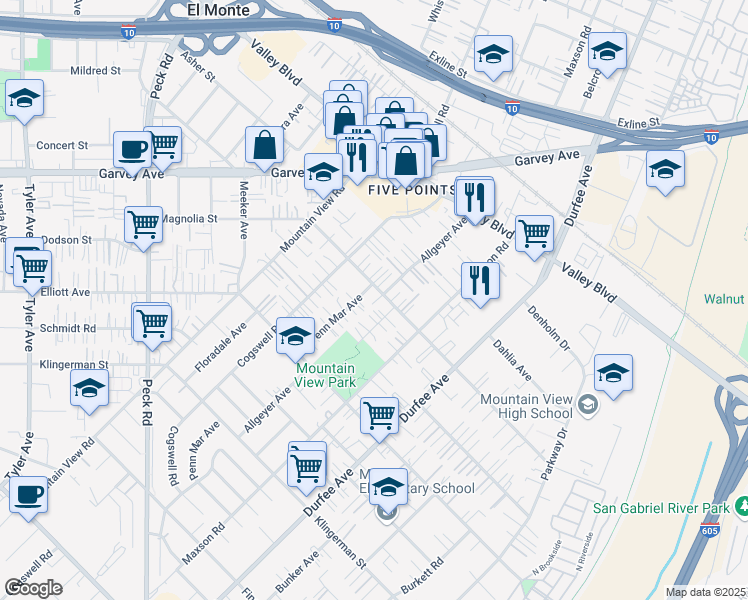map of restaurants, bars, coffee shops, grocery stores, and more near 12030 1/2 Magnolia Street in El Monte