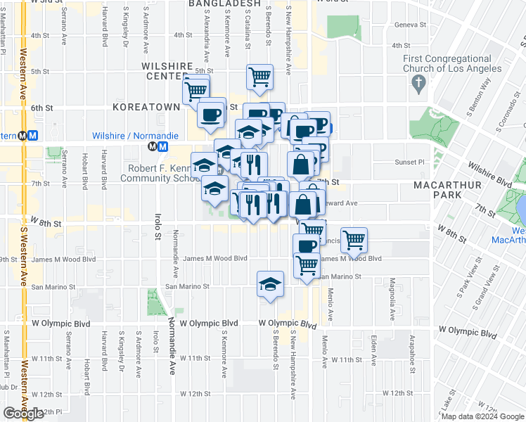 map of restaurants, bars, coffee shops, grocery stores, and more near 725 South Berendo Street in Los Angeles