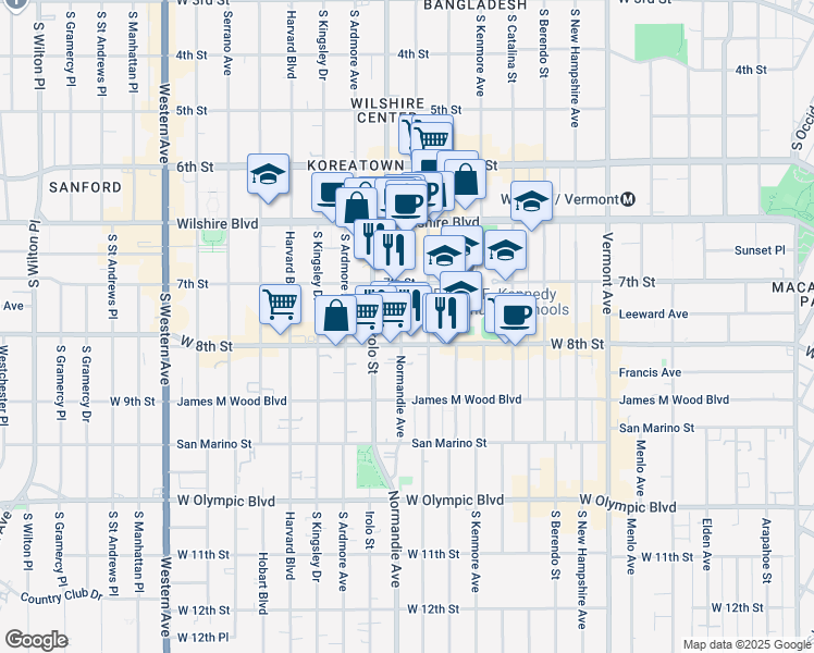 map of restaurants, bars, coffee shops, grocery stores, and more near 721 South Mariposa Avenue in Los Angeles