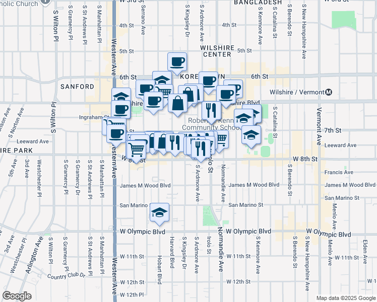 map of restaurants, bars, coffee shops, grocery stores, and more near 737 South Kingsley Drive in Los Angeles