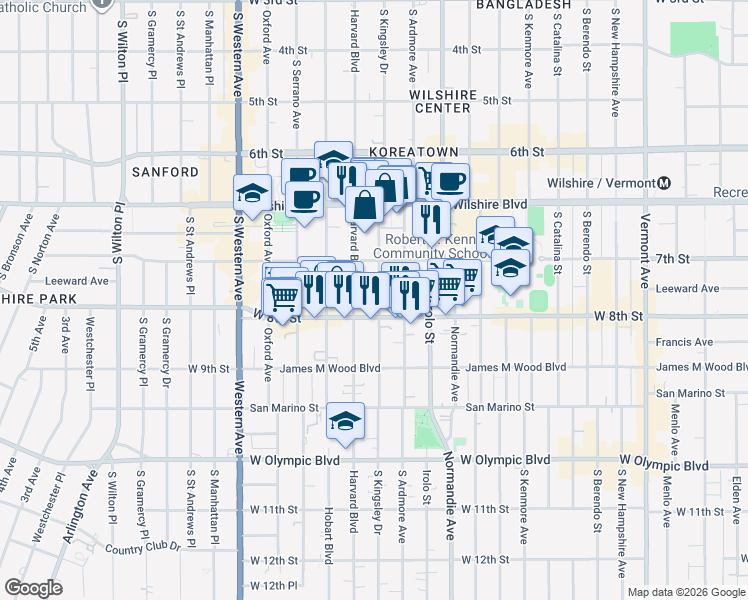 map of restaurants, bars, coffee shops, grocery stores, and more near 737 South Kingsley Drive in Los Angeles