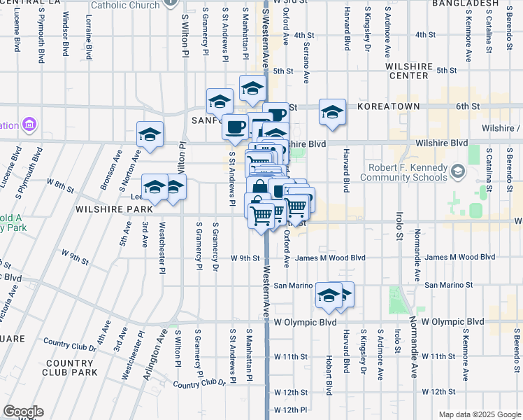 map of restaurants, bars, coffee shops, grocery stores, and more near 721 South Western Avenue in Los Angeles
