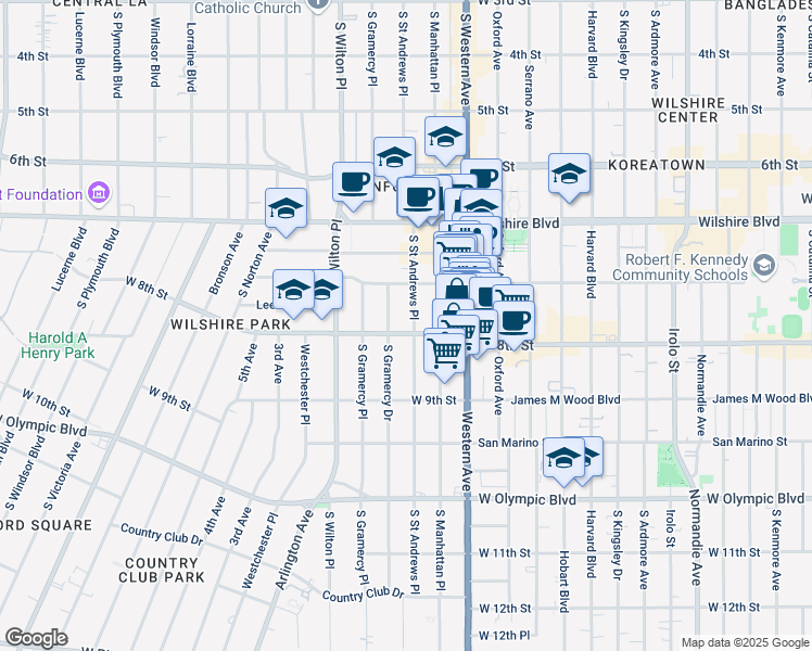 map of restaurants, bars, coffee shops, grocery stores, and more near 718 South Saint Andrews Place in Los Angeles