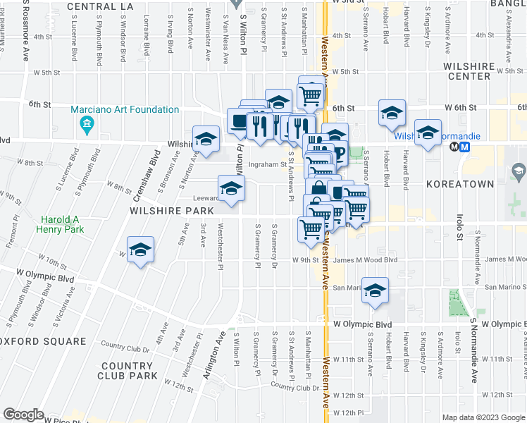 map of restaurants, bars, coffee shops, grocery stores, and more near 717 South Gramercy Drive in Los Angeles