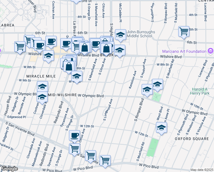 map of restaurants, bars, coffee shops, grocery stores, and more near 849 South Highland Avenue in Los Angeles
