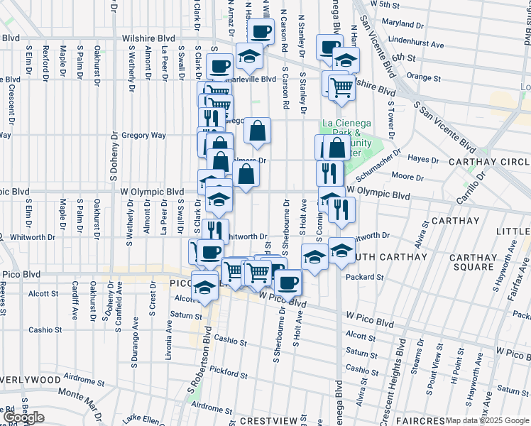 map of restaurants, bars, coffee shops, grocery stores, and more near in Los Angeles