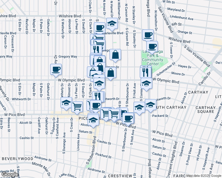 map of restaurants, bars, coffee shops, grocery stores, and more near 1007 South Shenandoah Street in Los Angeles