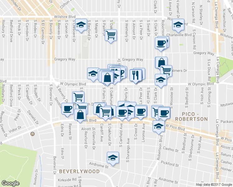 map of restaurants, bars, coffee shops, grocery stores, and more near in Beverly Hills