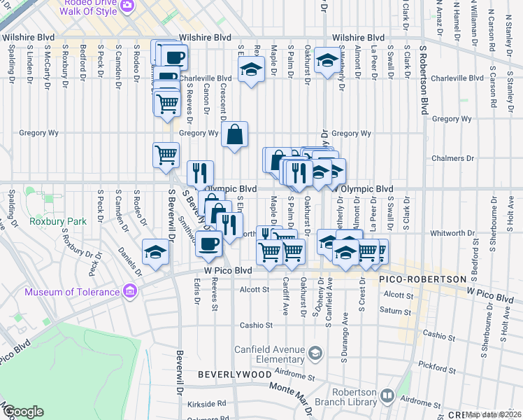 map of restaurants, bars, coffee shops, grocery stores, and more near in Beverly Hills