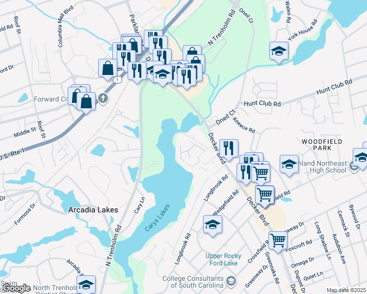 map of restaurants, bars, coffee shops, grocery stores, and more near 7021 Cleaton Drive in Columbia
