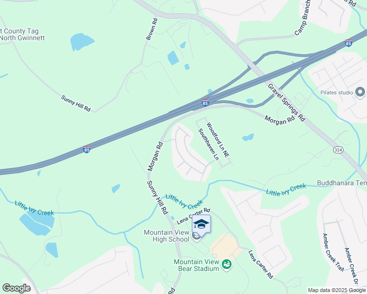 map of restaurants, bars, coffee shops, grocery stores, and more near 2586 Gristhaven Lane in Buford