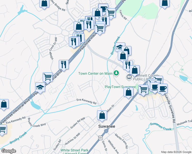 map of restaurants, bars, coffee shops, grocery stores, and more near 525 Pringle Drive in Suwanee