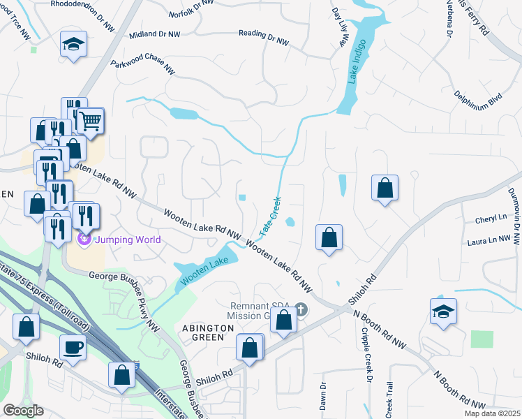 map of restaurants, bars, coffee shops, grocery stores, and more near 1036 Wooten Lake Road Northwest in Kennesaw