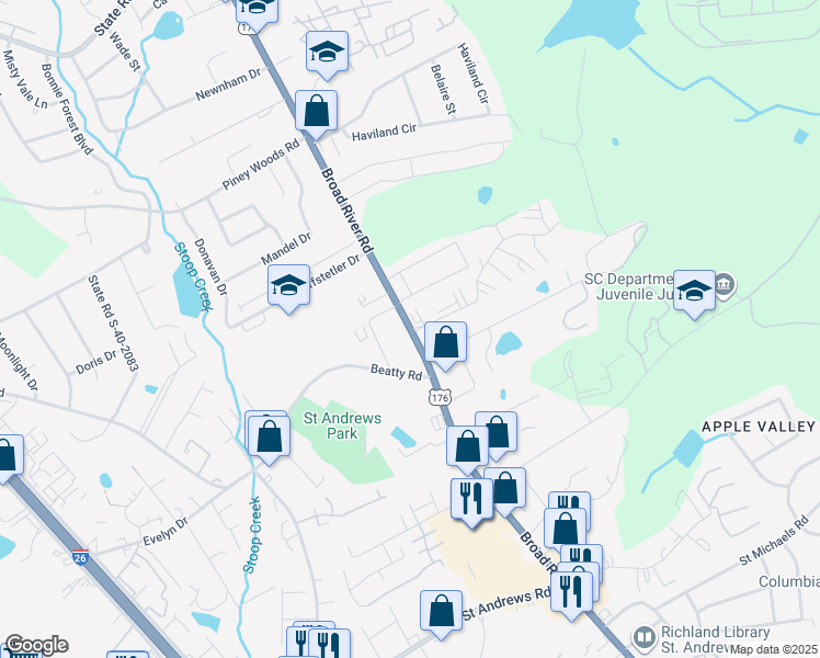 map of restaurants, bars, coffee shops, grocery stores, and more near Broad River Road in Columbia