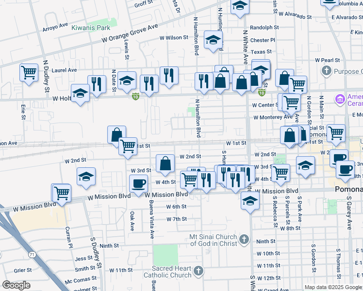 map of restaurants, bars, coffee shops, grocery stores, and more near 1132 West 1st Street in Pomona