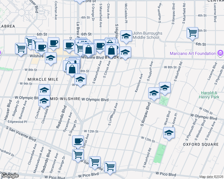 map of restaurants, bars, coffee shops, grocery stores, and more near 849 South Highland Avenue in Los Angeles