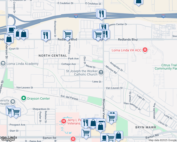 map of restaurants, bars, coffee shops, grocery stores, and more near 10733 Mead Court in Loma Linda