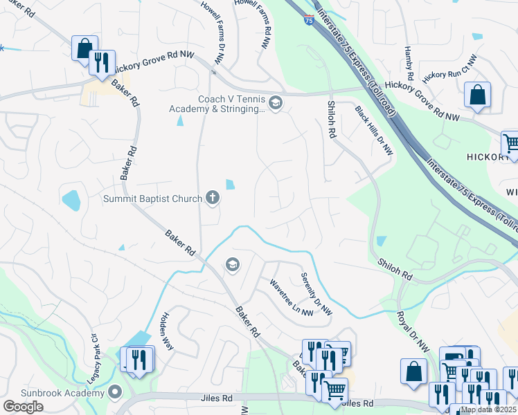 map of restaurants, bars, coffee shops, grocery stores, and more near 2170 Sugar Maple Cove Northwest in Acworth