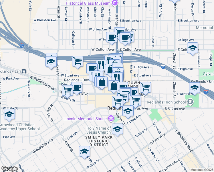 map of restaurants, bars, coffee shops, grocery stores, and more near 205 East Stuart Avenue in Redlands