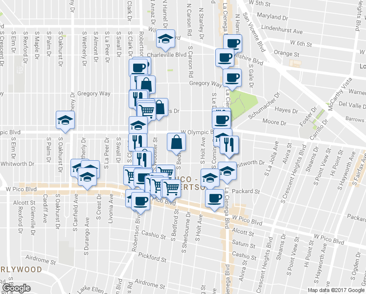 map of restaurants, bars, coffee shops, grocery stores, and more near 1032 South Bedford Street in Los Angeles