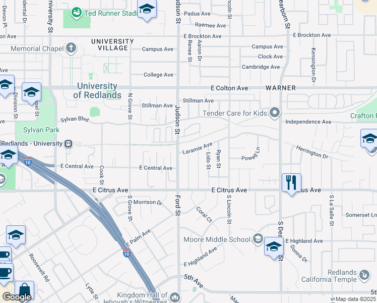 map of restaurants, bars, coffee shops, grocery stores, and more near Georgia Street in Redlands