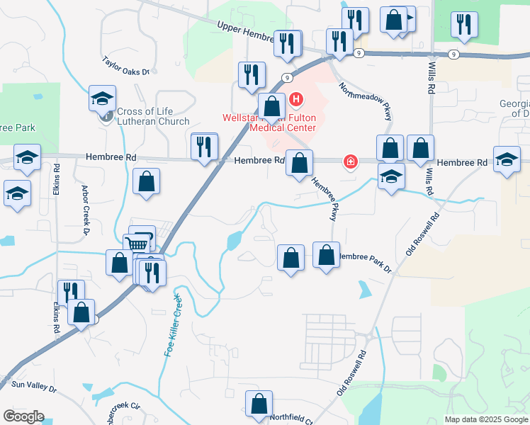 map of restaurants, bars, coffee shops, grocery stores, and more near 1209 Rosemont Parkway in Roswell