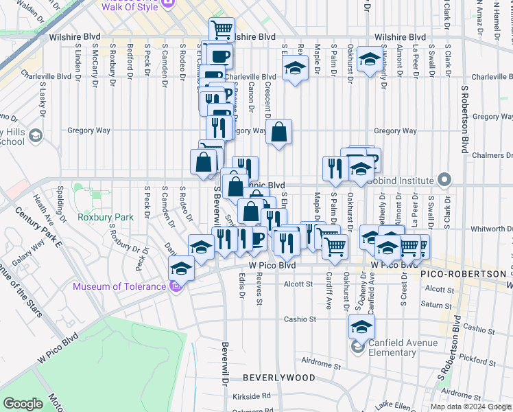 map of restaurants, bars, coffee shops, grocery stores, and more near 434 Canon Drive in Beverly Hills