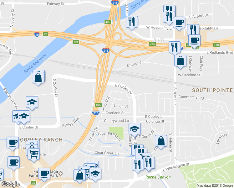 map of restaurants, bars, coffee shops, grocery stores, and more near 731 Atchison Street in Colton