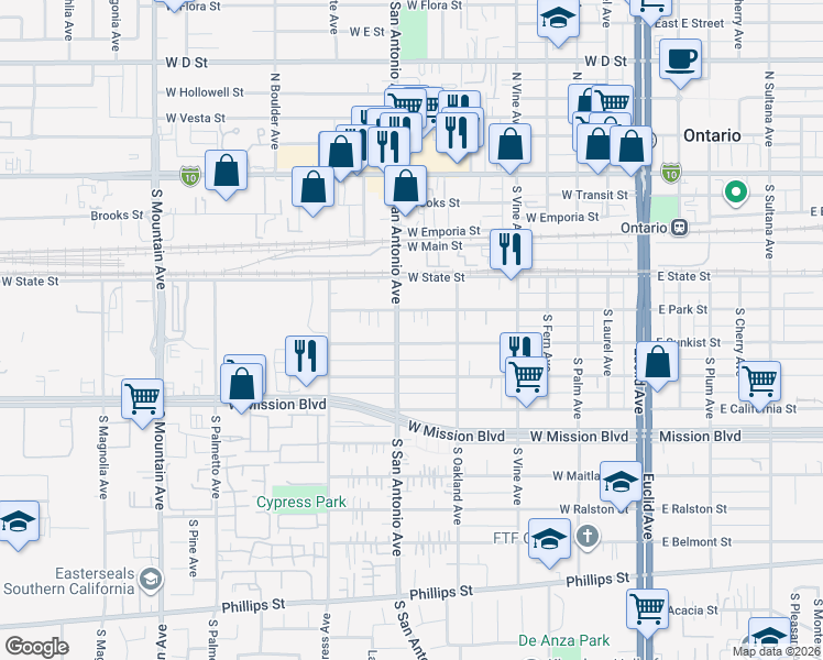 map of restaurants, bars, coffee shops, grocery stores, and more near 650 West Sunkist Street in Ontario